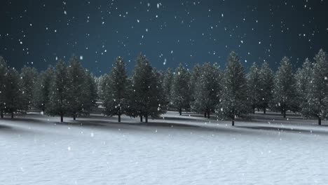 digital animation of snow falling over rows of trees on winter landscape