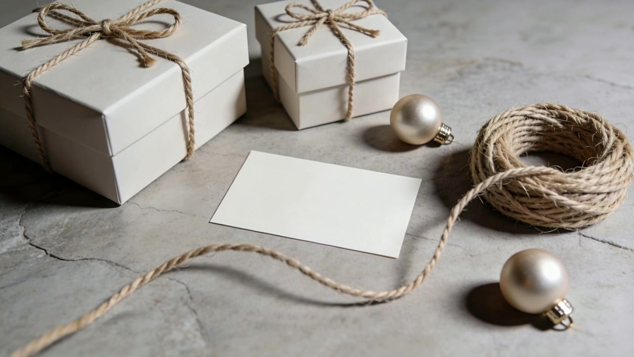 Moving camera showing framing shift on stone table highlighting white gift boxes twine baubles