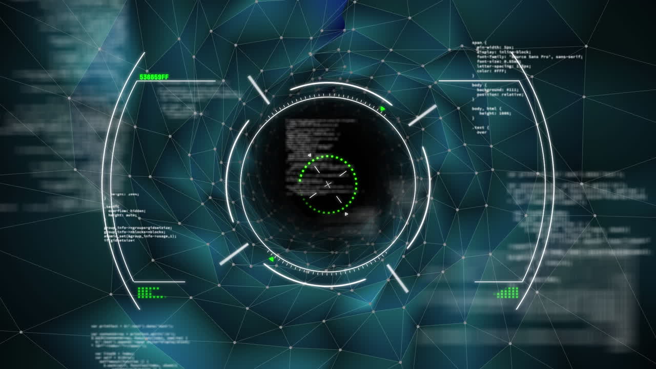 animación del visor con datos sobre el espacio digital con formas y conexiones
