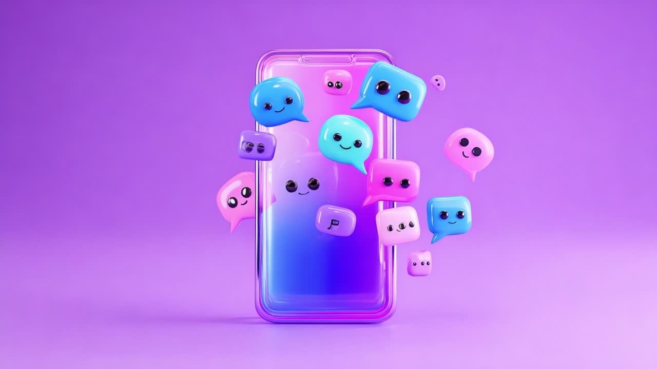 Colorful Messaging Icons Surrounding a Smartphone Against a Bright Purple Background, Illustrating Digital Communication and Social Interaction in Modern Technology