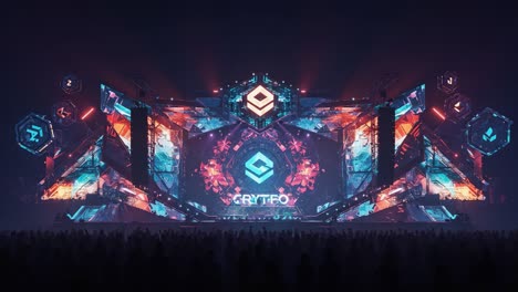 a dazzling electronic concert scene featuring an intricate stage design with colorful lights and a large audience enthusiastically engaged in the performance