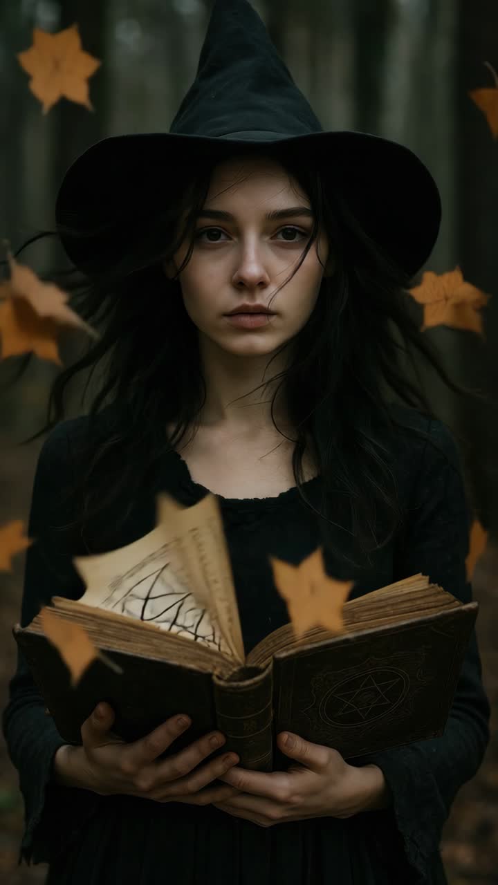 A mystical video scene with a witch reading a spellbook. The close-up angle captures her intense