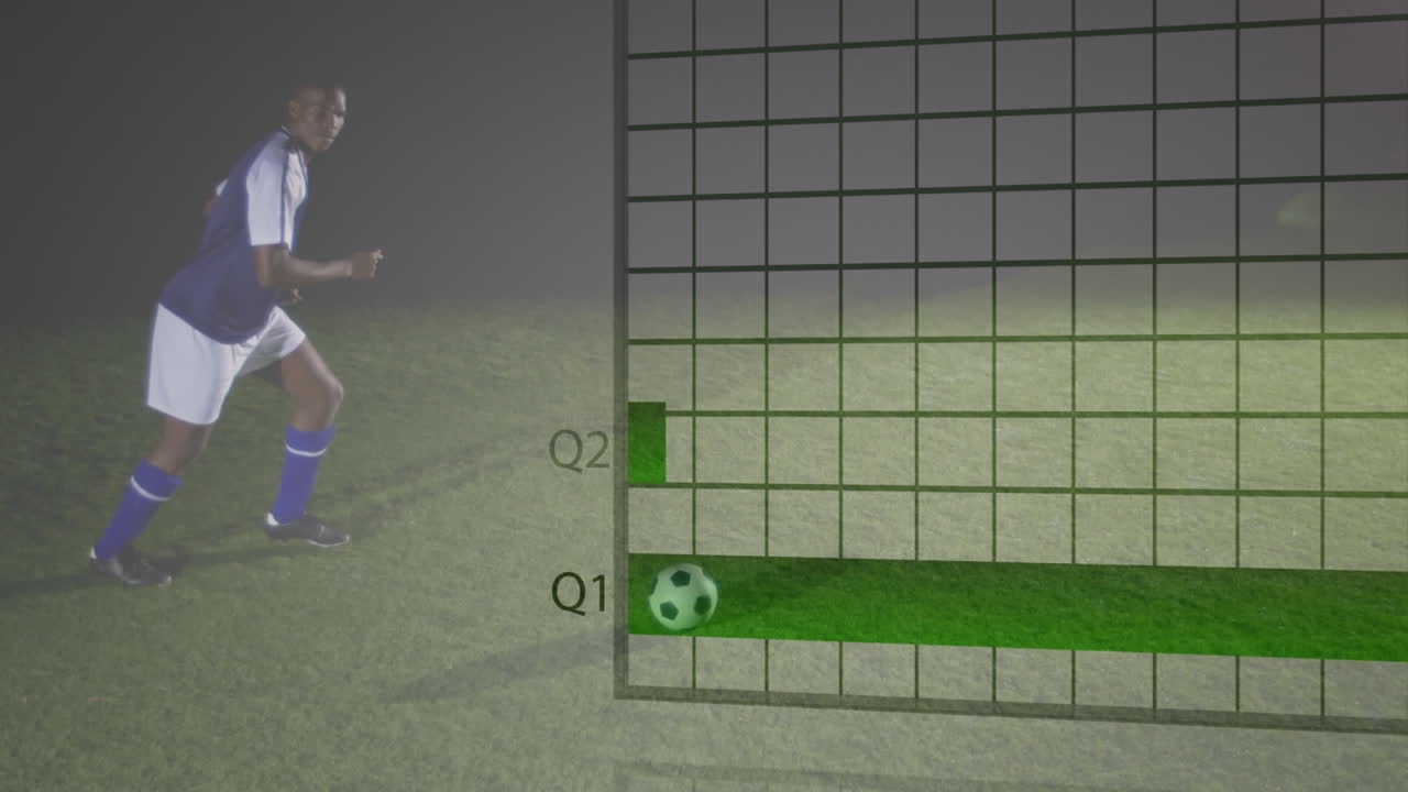 Animation of data processing over african american male football player kicking ball on field