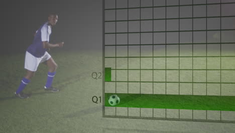 animation of data processing over african american male football player kicking ball on field