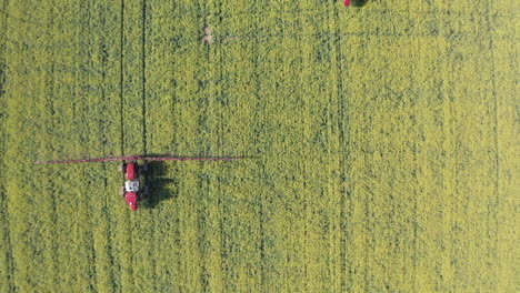 Los-Tractores-Rocían-Fungicida-En-El-Cultivo-De-Canola-En-El-Campo,-Rastreando-Disparos-De-Drones