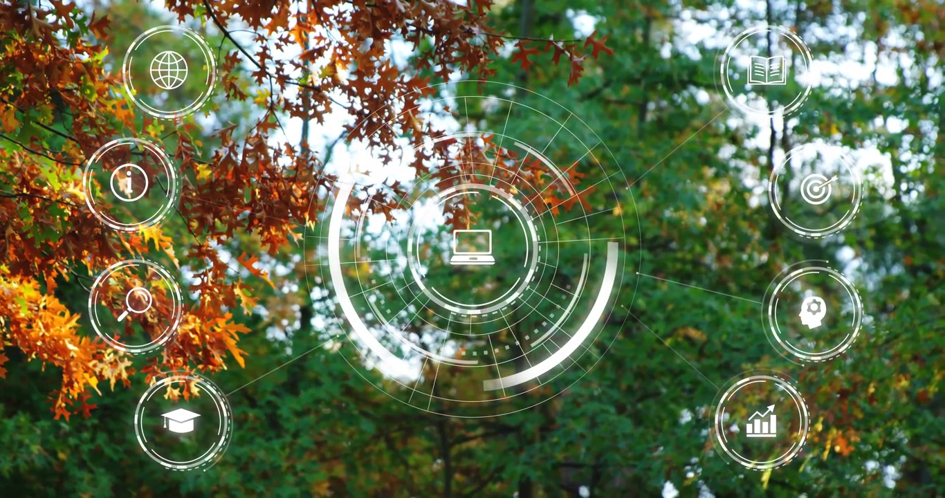 Kreisförmiges HUD-Overlay mit Laptop-Symbol, das Herbstlaub und durchscheinende Datenvisualisierungen kombiniert.