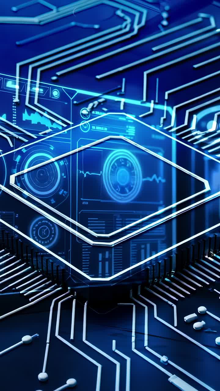 Vertical video: Receiving power signal microchip pulsing on circuit board, holographic interface