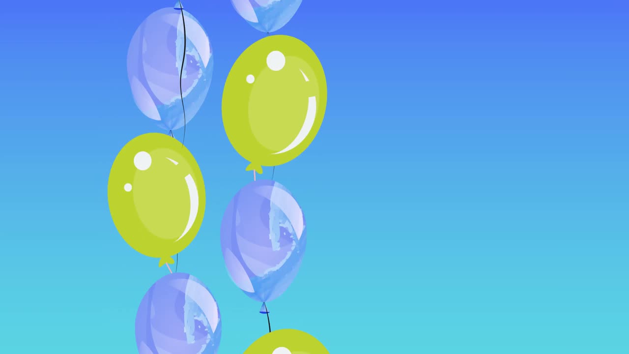 Animazione di palloncini verdi e viola con spazio per il testo su sfondo blu