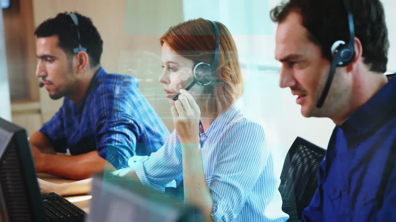 전화 헤드 ⁇ 을 착용한 사업가들을 통해 연결 네트워크의 애니메이션