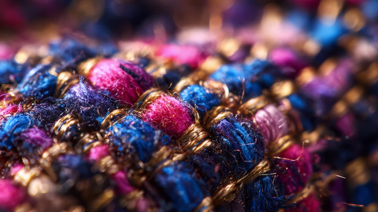 A Close-Up Exploration of Textured Fabric Showcasing Vivid Colors and Intricate Weaving Patterns, with a Rich Blending of Pink, Blue, and Gold Threads in a Detailed Macro Photographic Perspective
