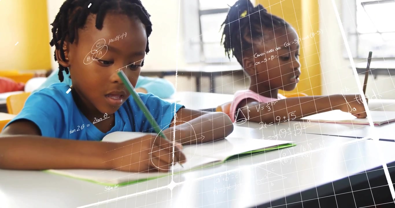 Two students writing notes igniting grid overlay with math symbols drifting over desk in education