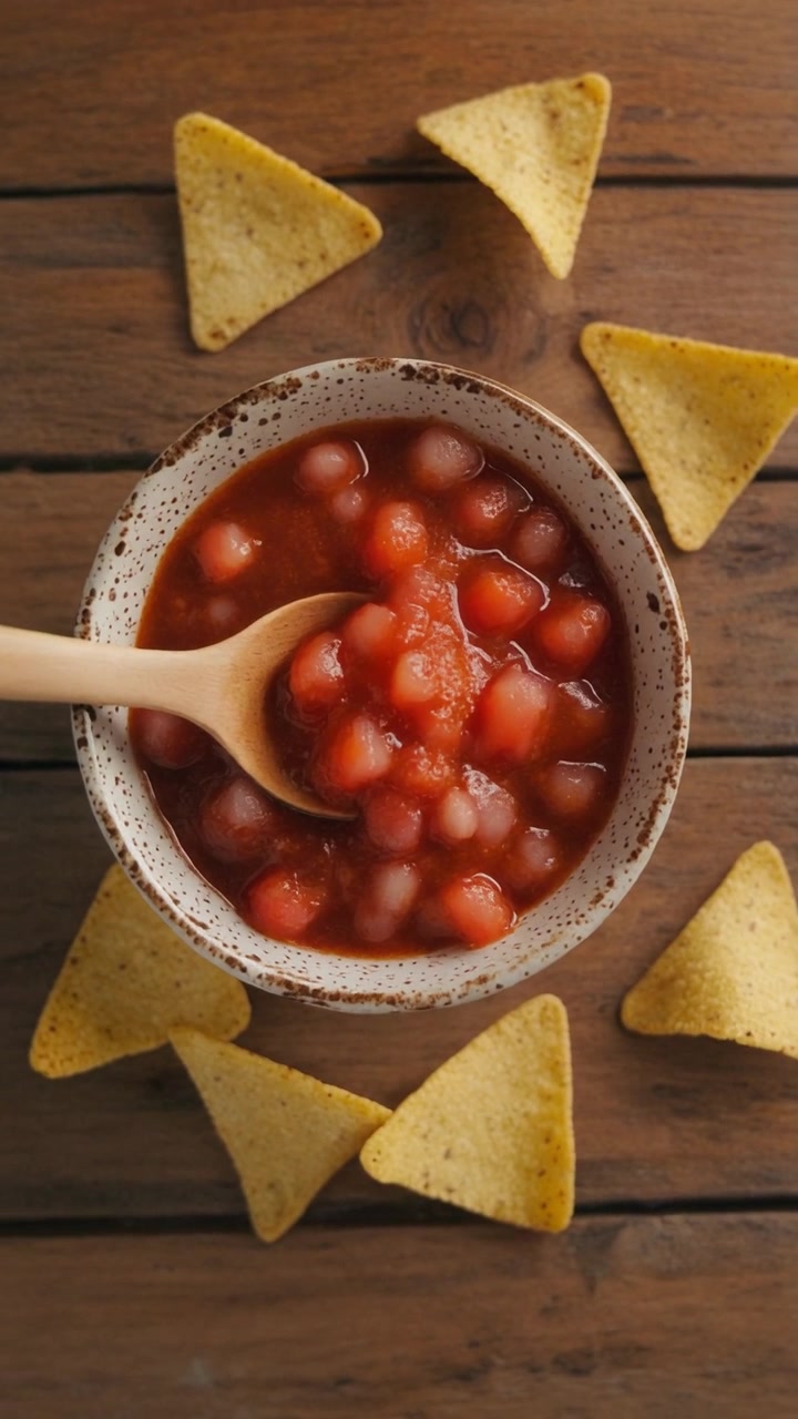 Ciotola di salsa di pomodoro con tortilla chips di mais su tavolo di legno