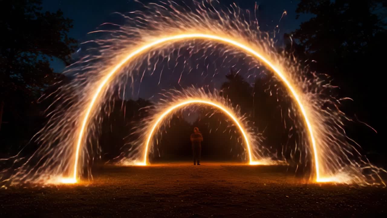 Captivating Sparks: A Spectacular Display of Firework Arches Illuminating the Night Sky, Highlighting the Thrilling Dance of Light and Motion in a Dark Environment