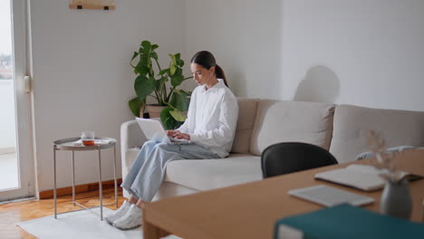 lady freelancer writing notes working domestic sofa. student girl texting laptop