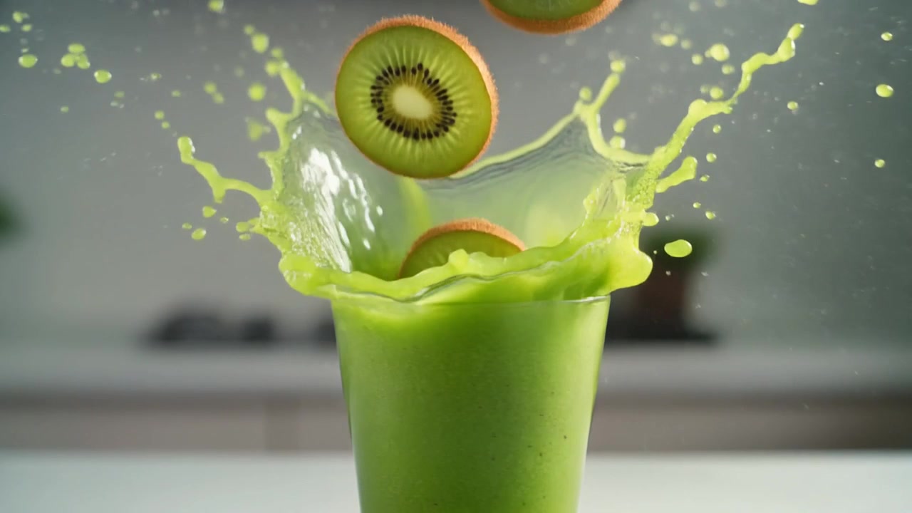 Rodajas de kiwi cayendo en un vaso de batido verde