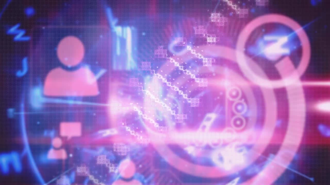 직사각형의 추상적인 패턴의 애니메이션, 프로필 아이콘과 함께 dna, 디지털 인터페이스에 있는 원