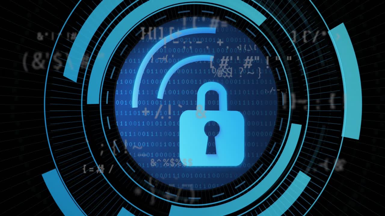 animación del candado de seguridad en el escáner redondo sobre símbolos cambiantes contra un fondo negro