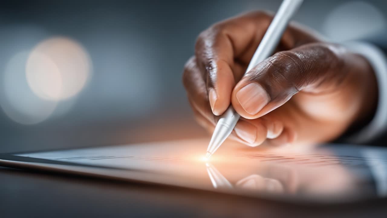 A Close-Up of a Hand Holding a Stylus, Skillfully Engaging with a Digital Tablet Screen, Showcasing Modern Technology and Digital Interactivity