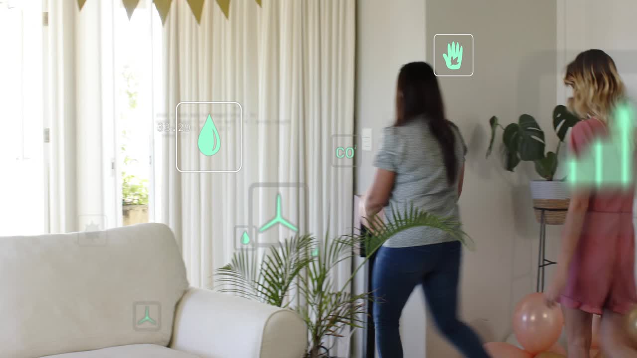 Two women entering doorway carrying bowl and plates, arranging party, green CO2 overlays following