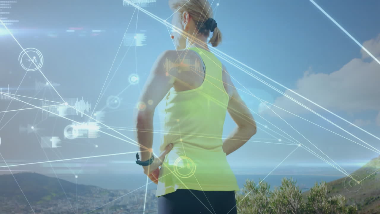 네트워크 연결 및 데이터 처리 애니메이션을 통해 야외에 서있는 여성