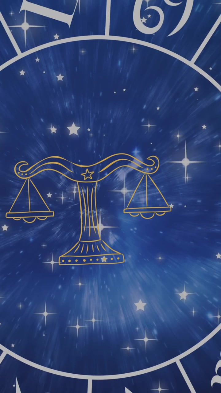 Composición del símbolo del signo zodiacal Libra en rueda zodiacal giratoria sobre estrellas brillantes