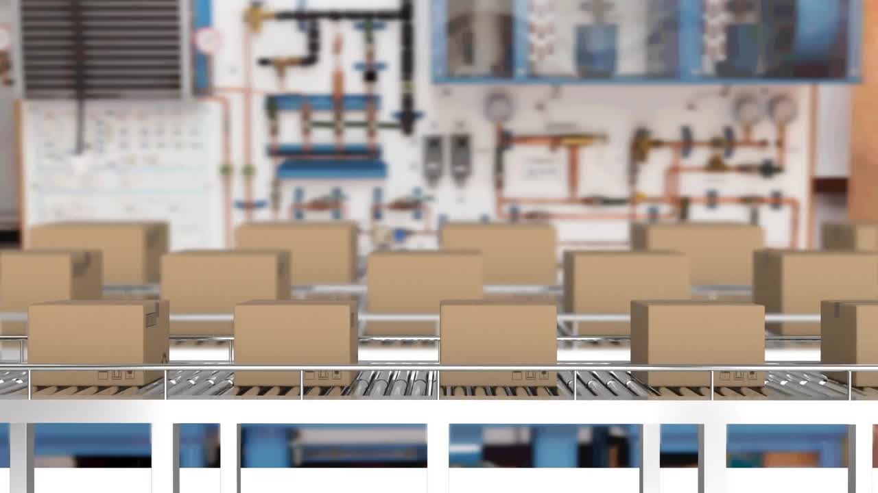 창고의 컨베이어 벨트에 있는 카드보드 상자의 애니메이션