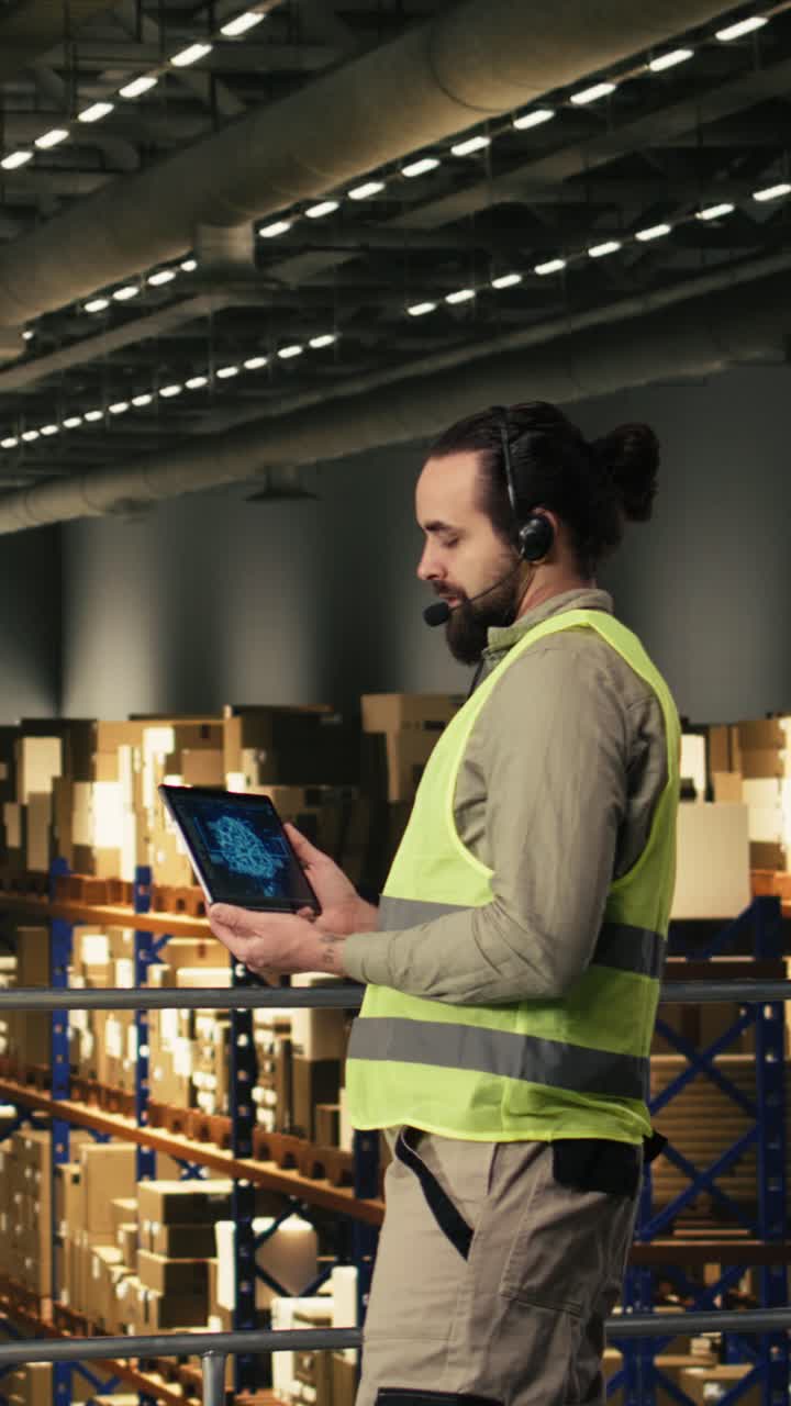 Video verticale. Dipendente maschio che gestisce sistemi basati sull'IA su tablet.