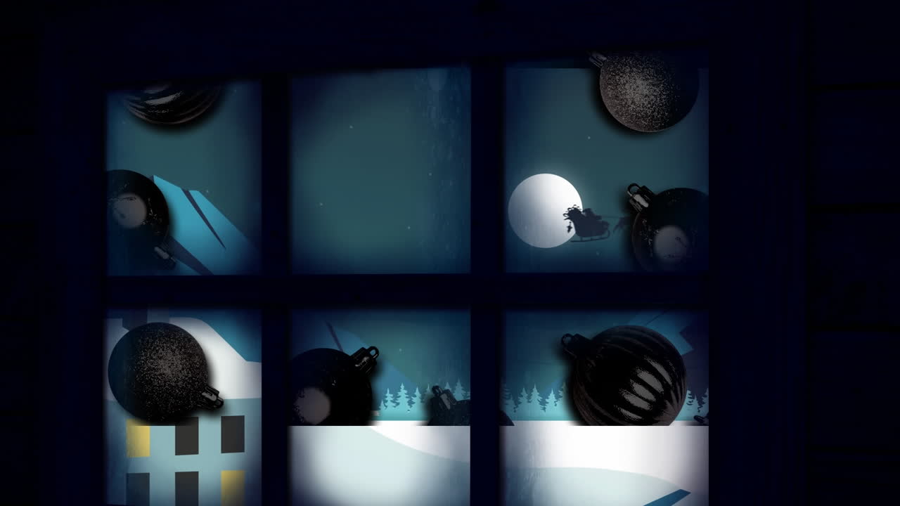 marco de la ventana sobre bolas de navidad y santa claus en trineo siendo tirado por renos