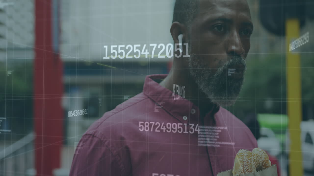 Multiple increasing numbers and data processing against african american senior man having a snack