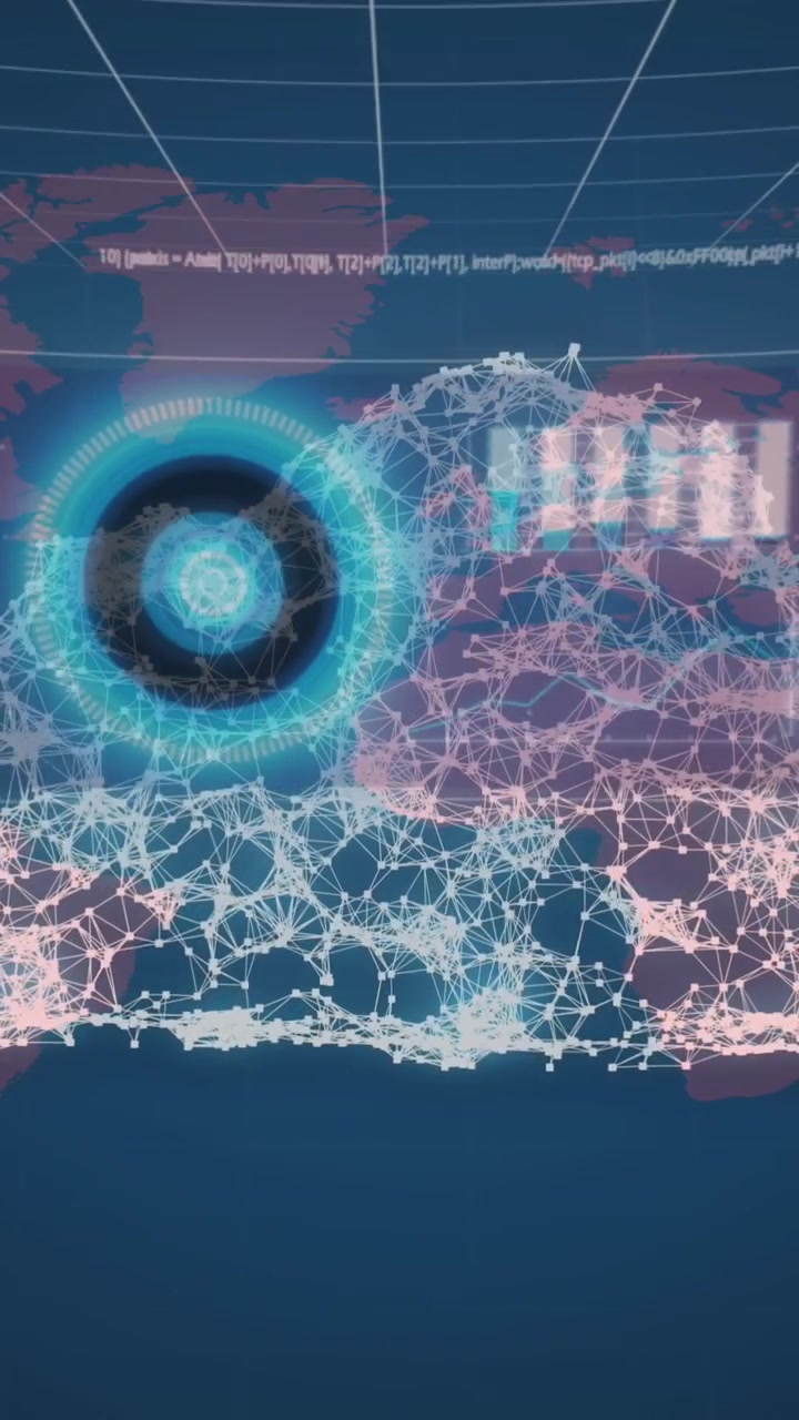 Animation of digital cloud, data processing over world map