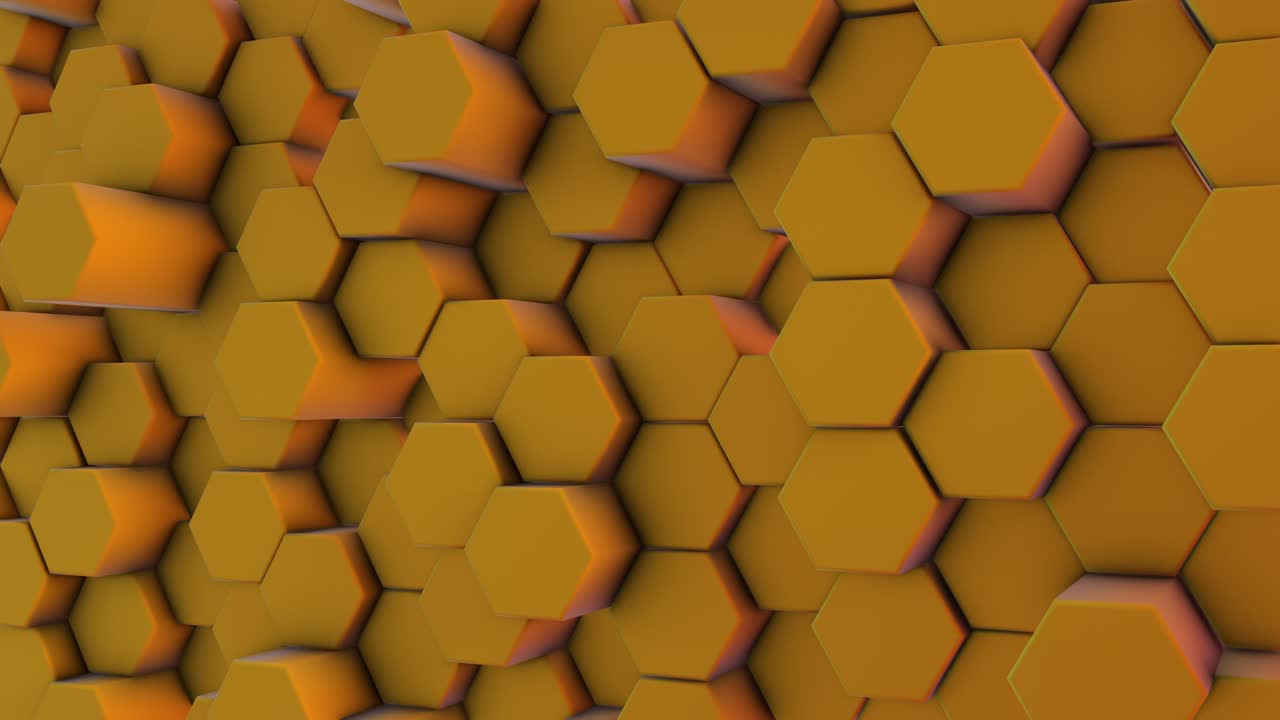 amarillo, naranja hexágonos prismáticos futuristas, panal, seis, movimiento en un fondo minimalista. el concepto de diseño y tecnología. animación 3d. mover la cámara.
