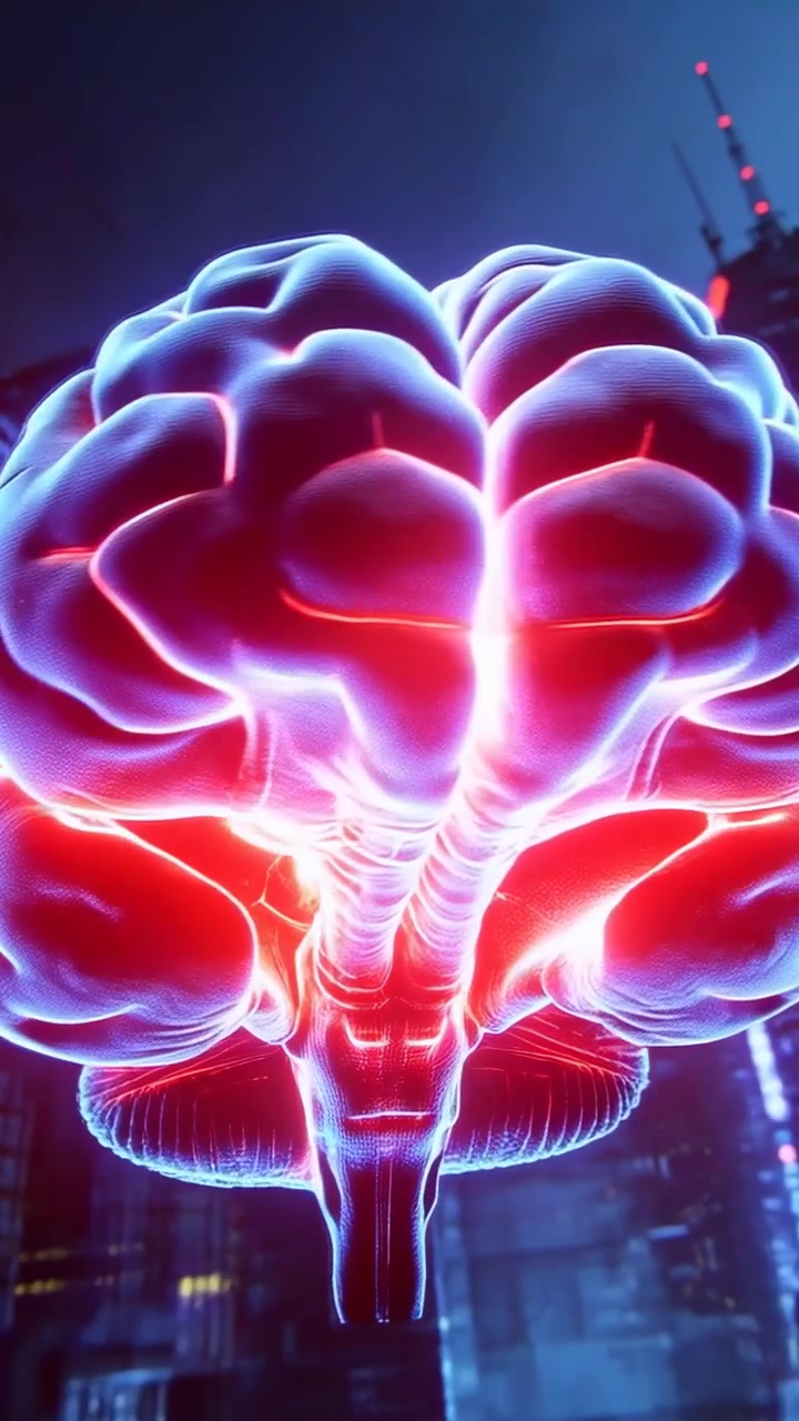 Vertical video: Pulling back cam revealing 3D brain pulsing and turning in neon city showing red c