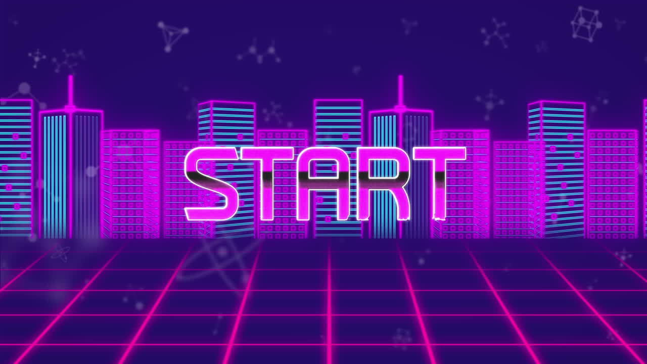 Animation of start text over 3d cityscape on purple background