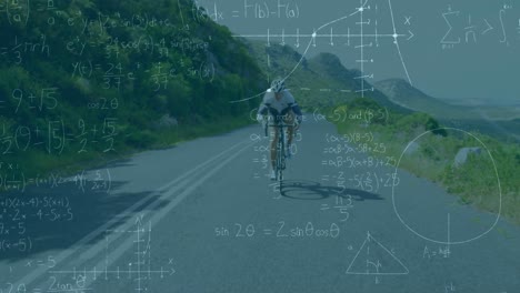 animation of mathematical equations over caucasian female cyclist riding a bicycle on the street