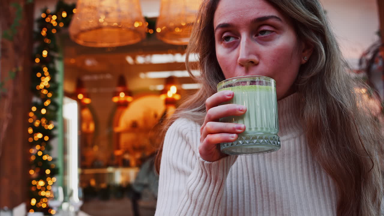Close up of a woman drinking a matcha latte with a paper straw at a cafe