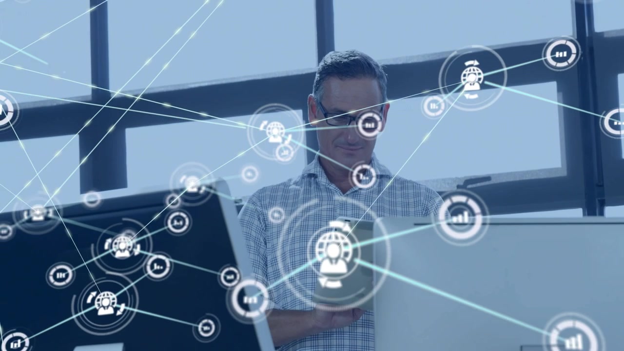 Tech pro lifting tablet and initiating animated network overlaying user, tapping and analyzing data