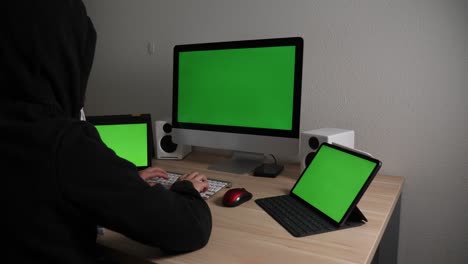 Shady-hacker-in-a-hoodie-on-multiple-screens