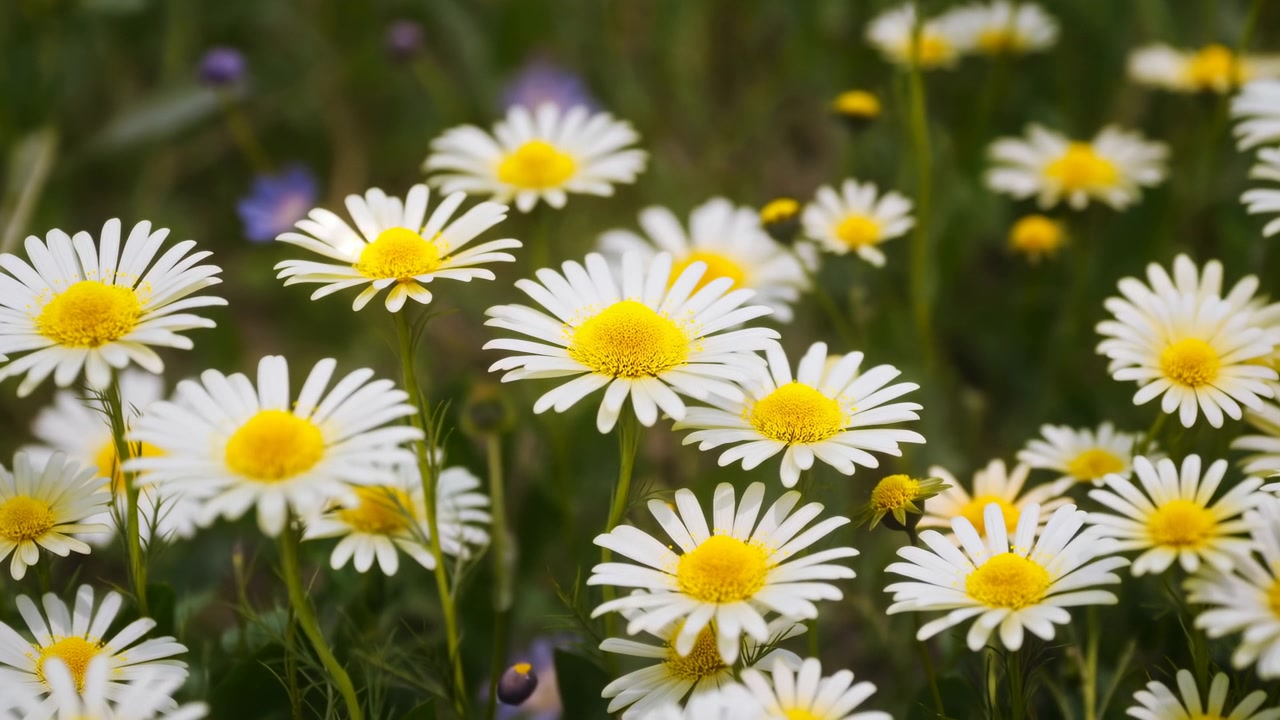 Prato di margherite illuminato dal sole e in piena fioritura, primo piano ravvicinato di petali bianchi e centri gialli, sfondo verde tenue.