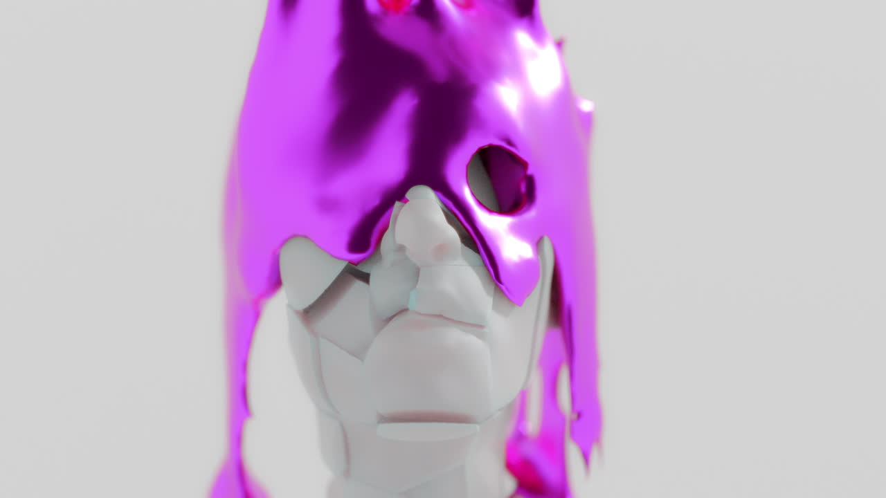 A violet liquid metal flows slowly on the sculpture