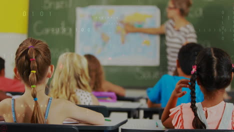 binary code animation over students in classroom with teacher pointing at world map