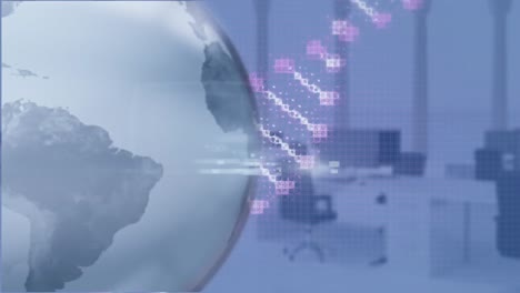 Animation-of-globe-and-dna-strand-over-empty-office