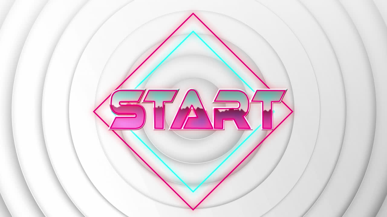 animación del texto de inicio sobre formas geométricas sobre fondo blanco