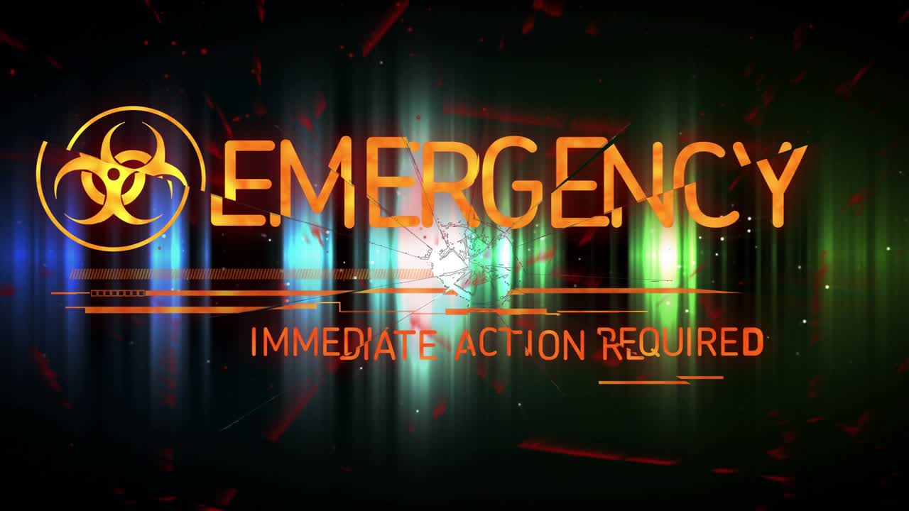 Bars rising, glitching; hazard emblem forming, text resolving EMERGENCY, IMMEDIATE ACTION REQUIRED