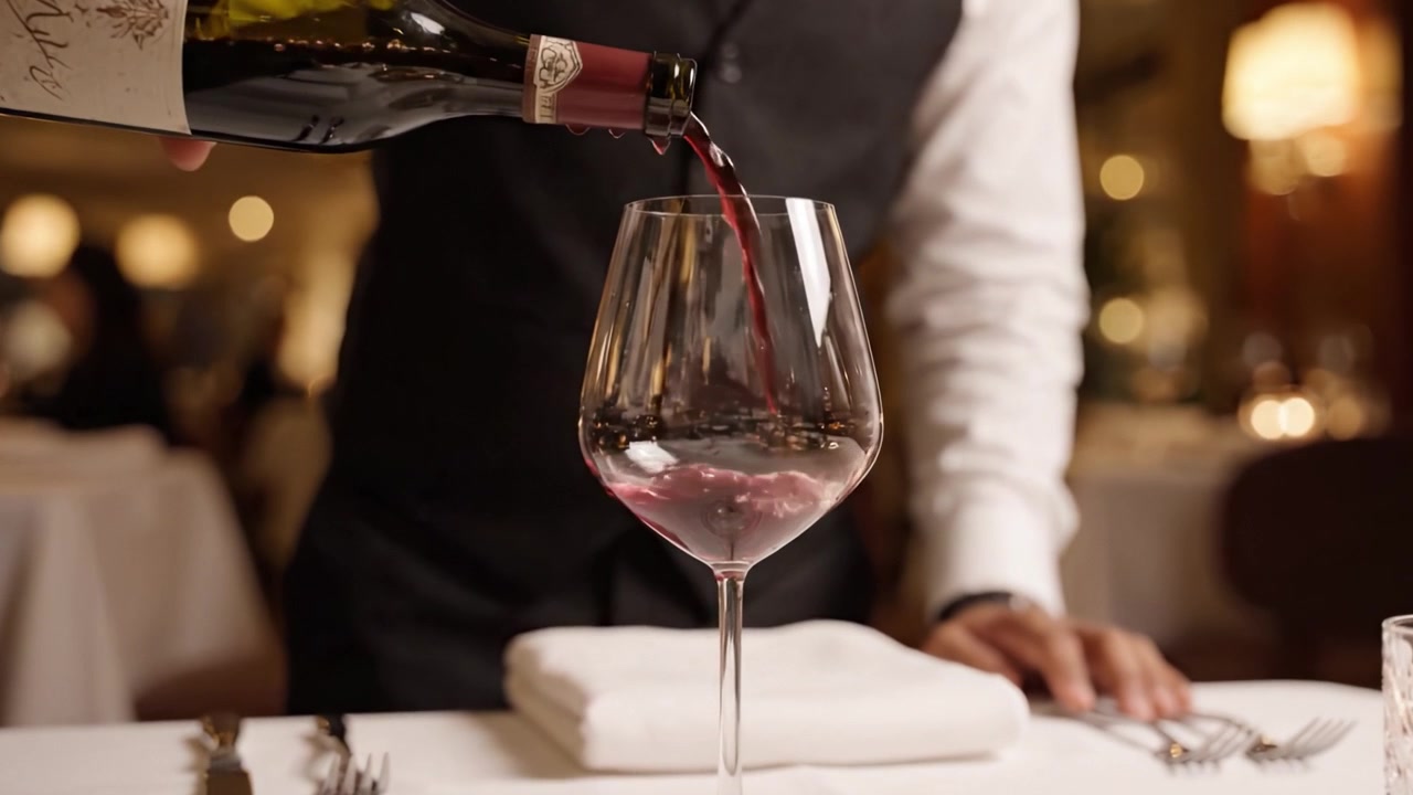 Elegante esperienza culinaria: un sommelier versa con maestria del pregiato vino rosso in un bicchiere di cristallo in un ambiente di ristorante di lusso.