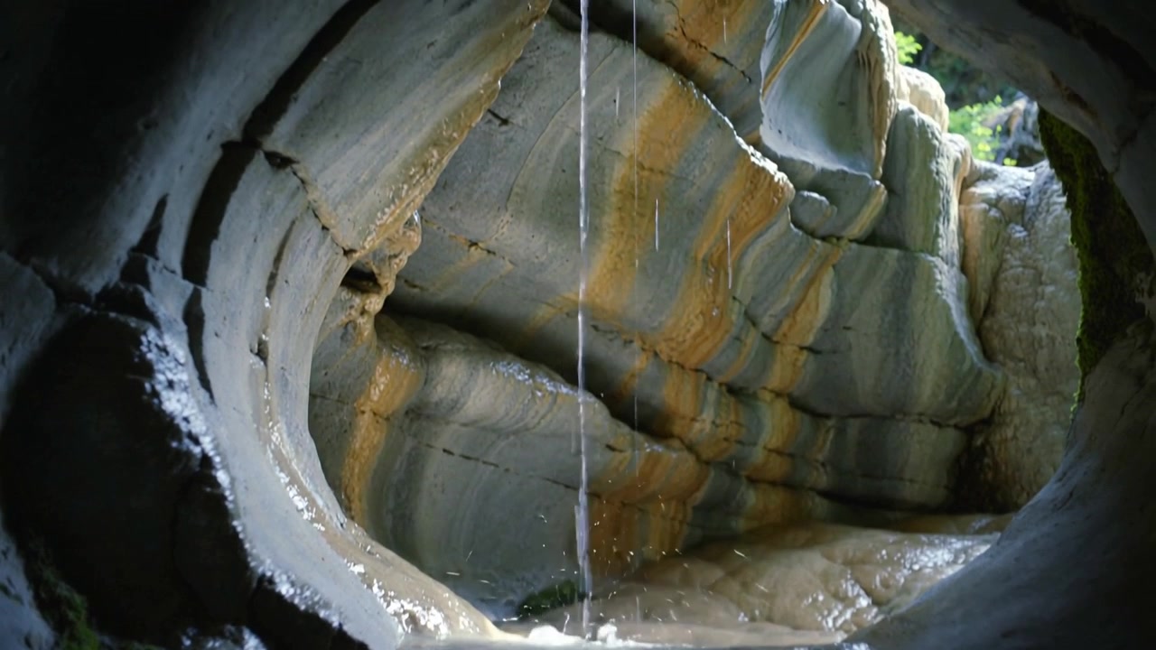 Dripping from rim above, thin water stream forming droplets and splashing into carved bedrock pool