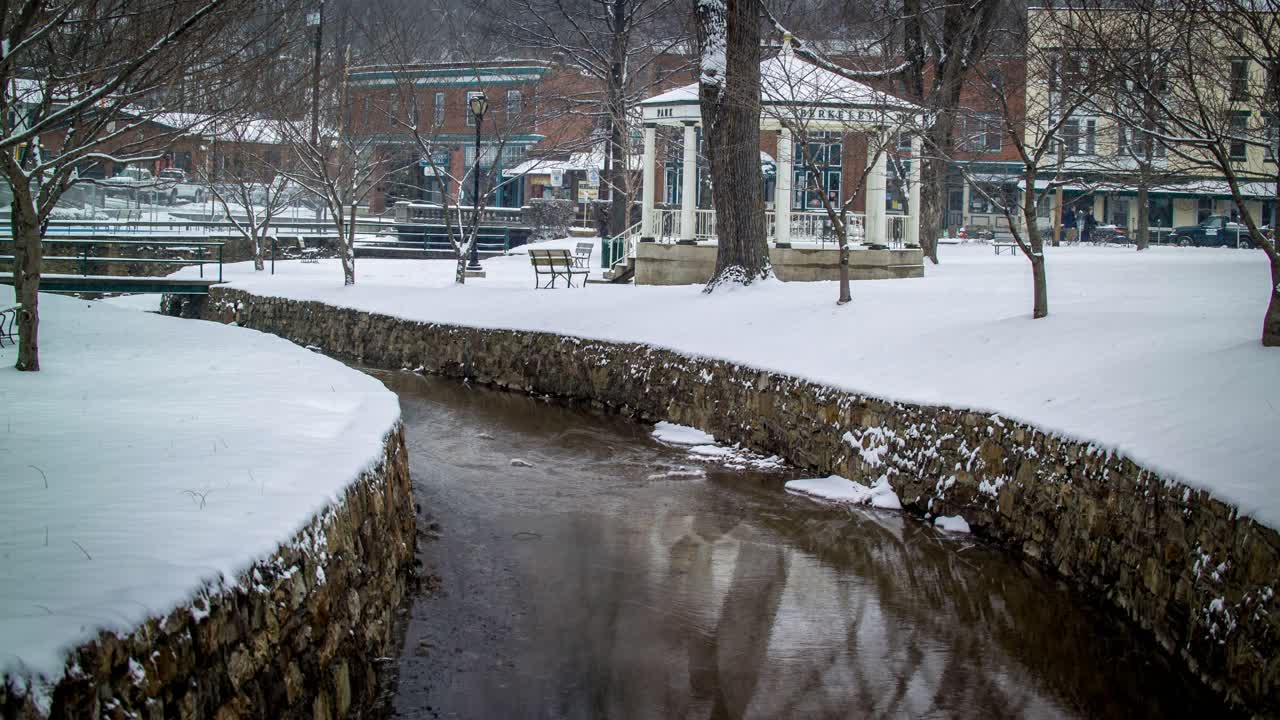 Winter scene with snow-covered park and stream