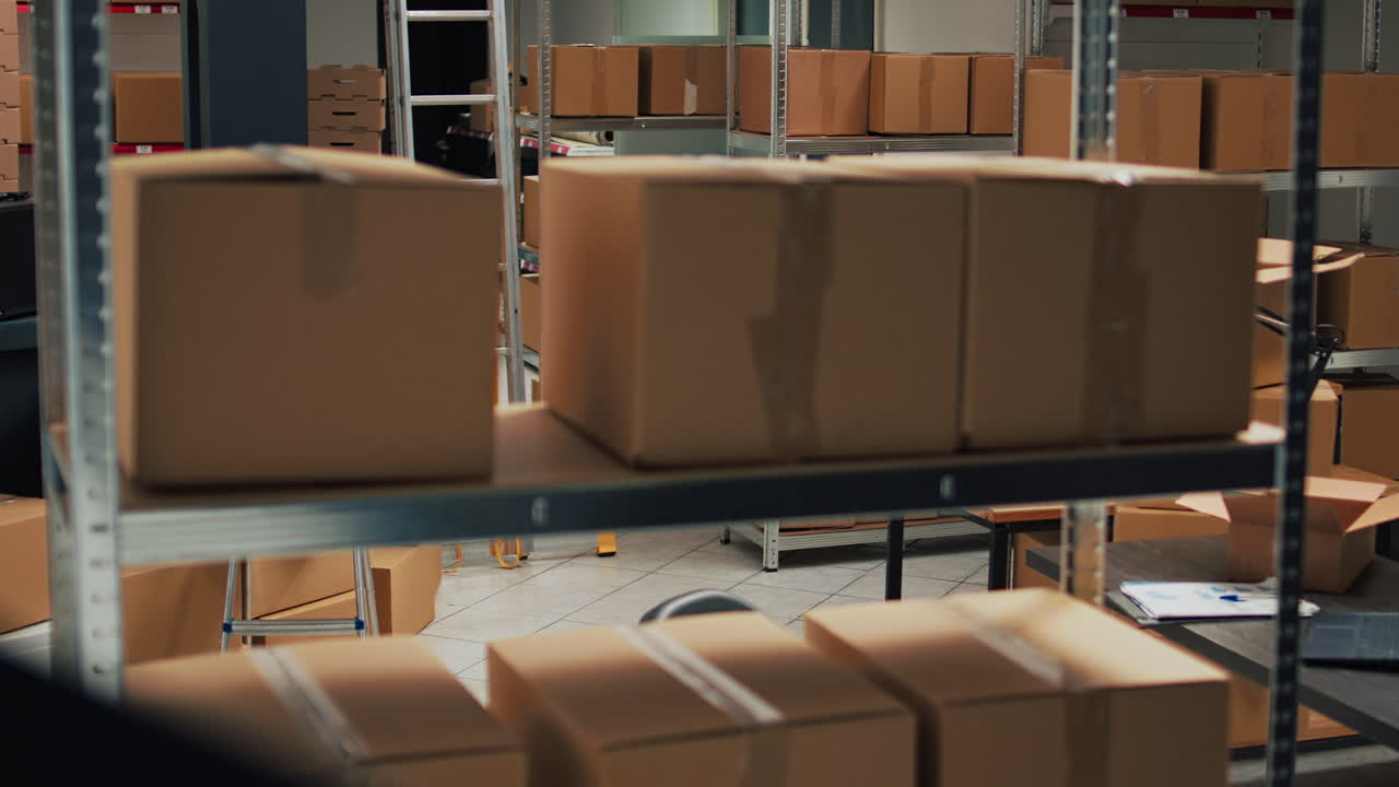 Boxes on shelves in a warehouse