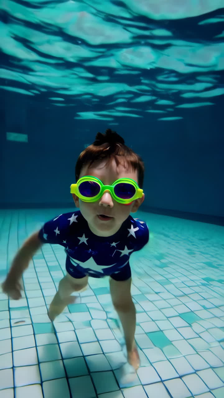 Boy Swimming Underwater in a Pool with Goggles