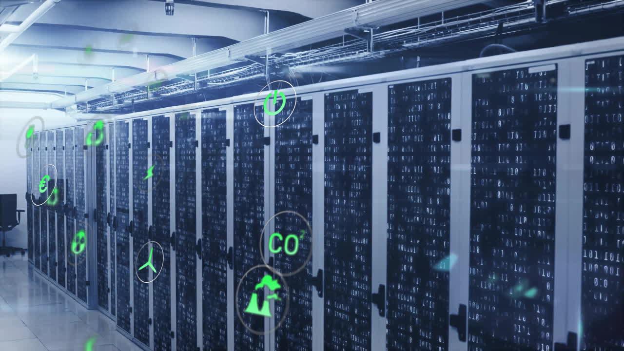 Animation of eco icons and digital data processing over computer servers