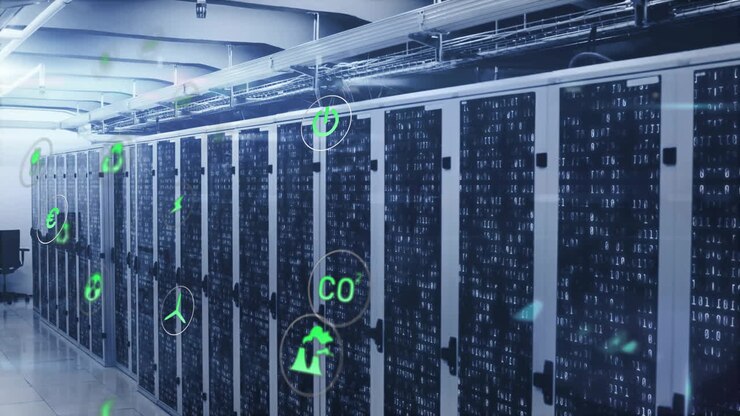 Animation of eco icons and digital data processing over computer servers